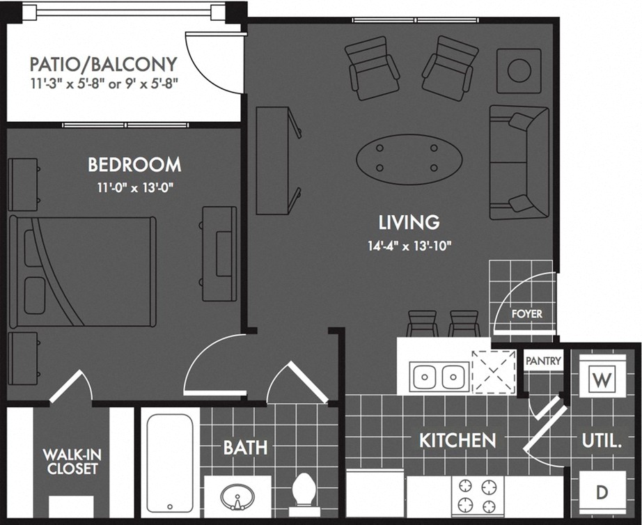 Floor plan for 1 bed, 1 bath, 608 sqft